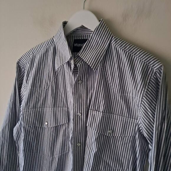 Wrangler Western Shirt Striped Pearl Snap Wrinkle Resistant Gray White Mens M - Picture 7 of 13